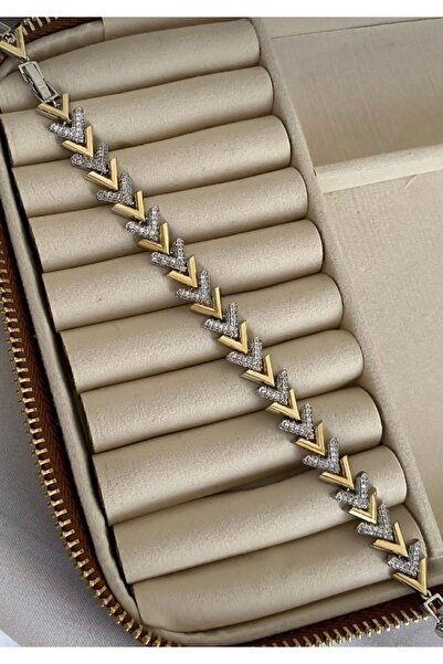 OzBeauty Özel Seri İki Renkli Zirkon Taş Ve Plaka Sıralı V Model Bileklik