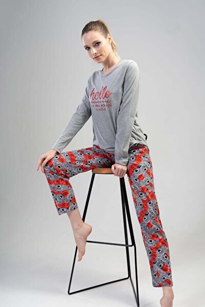 VİENETTA Vienetta Kadın Gri Melanj Uzun Kollu Pijama Takımı