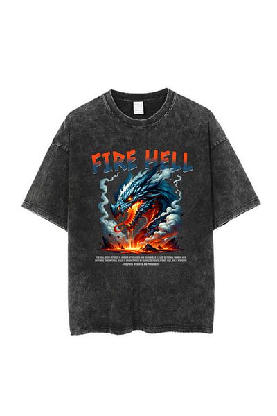 Touz Moda Πλένεται Fire Hell Printed Unisex Oversize Vintage T-shirt
