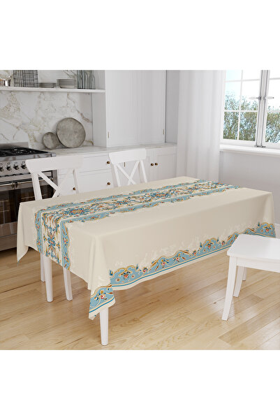 3D ELSE HALI Mavi Otantik Desenli Dijital Baskılı Leke Tutmaz Dertsiz Kumaş Masa Örtüsü Sofra Bezi