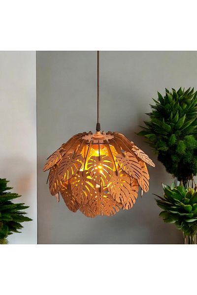 hü ma tasarım ve aksesuar Circle Modern Lighting Globe - Natural Wood Mdf, 3D Laser Cut Rustic Living Room Chandelier Sconce