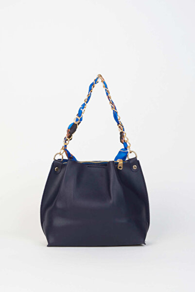 Vivaq Geantă de mână și de umăr pentru femei, albastru bleumarin, cu accesorii cu lanț, din piele moale, cu 3 compartimente
