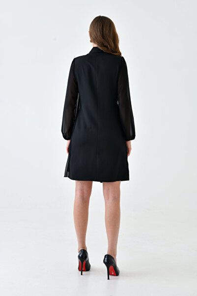 vuvutasarım Eteği Piliseli Kruvaze Ceket Yaka Anvelop Kesim Tül Detaylı Uzun Kollu Siyah Elbise 24K2169