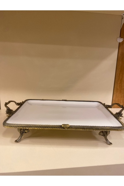 PLUS HOME PORSELEN DÖKÜM PİRİNÇ AYAKLI KULPLU  SUNUM ANTİK ESKİTME 35X26