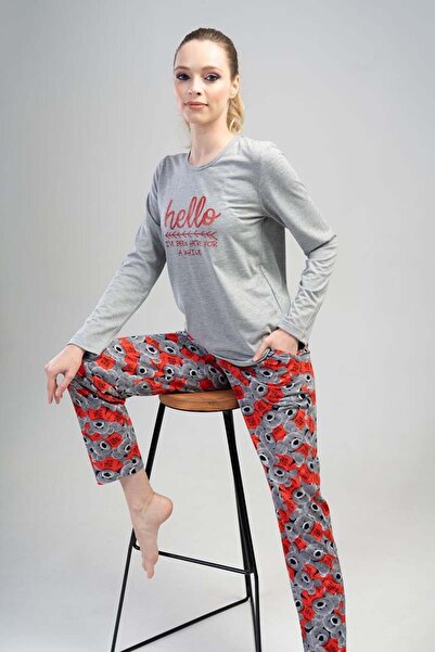 VİENETTA Vienetta Kadın Gri Melanj Uzun Kollu Pijama Takımı