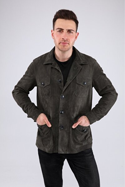 KENDE Safari Düğmeli Hakiki Deri Antrasit Erkek Süet Ceket