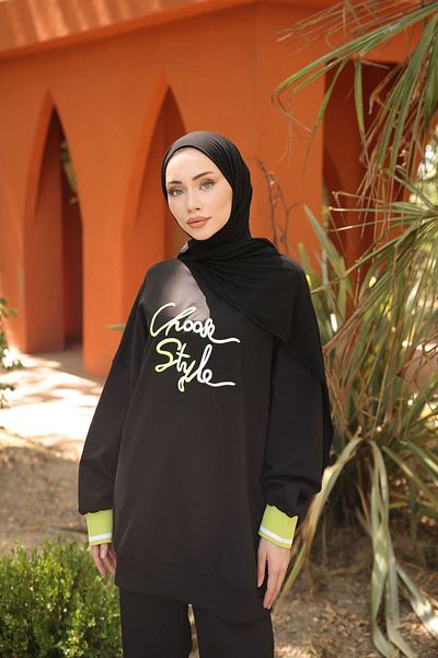 Ryzi Moda Μαύρο Κεντημένο Oversize Γυναικείο Σετ Φούτερ - 2 Κλωστές Lycra