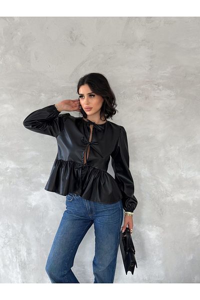 ELBEY Leather Long Sleeve Blouse with Gathered Sleeves and Tie Front