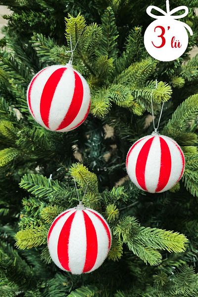 PEKSHOP 3-Piece Large Red White Feather Luxury Ball Christmas Tree Ornament Round Luxury Pine Tree Ornament 3-Pack