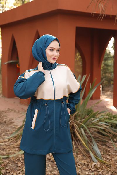Ryzi Moda Hijab Φούτερ με φερμουάρ Διπλό Σετ - Διπλό Crep Ύφασμα