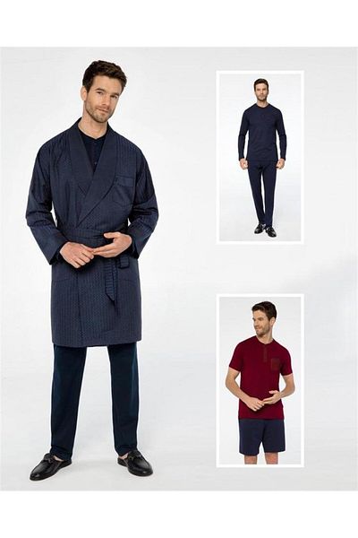 Pijalüx Ανδρικό σετ 5 τεμαχίων Navy Blue Coton Jacquard Robe De Chambre