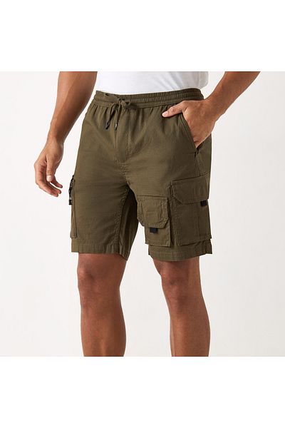 ECKO Unltd Textured Flexi Waist Shorts with Cargo Pockets and Drawstring Closure