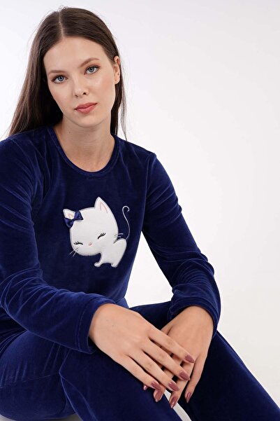 VİENETTA Vienetta İndigo Kadın Uzun Kollu Kadife Pijama Takımı