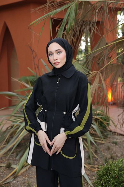 Ryzi Moda Μαύρο Σετ Φούτερ Hijab - Σετ δύο με φερμουάρ