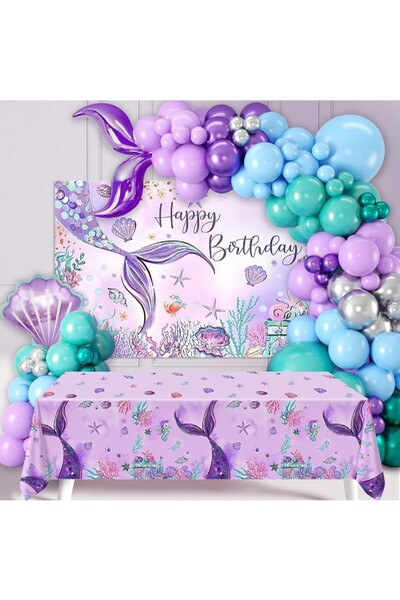 teknotrust Deniz Kızı Temalı Balon ve Masa Örtüsü Seti, Renkli Doğum Günü Süsü