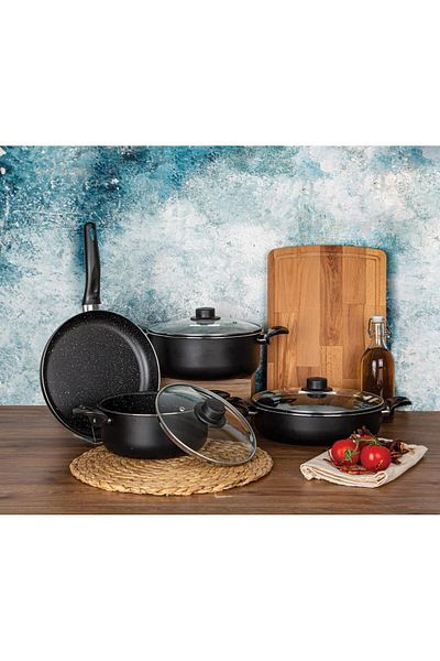 Trendlon 7 Piece Eco Chef Granite Patterned Fireproof Non-Stick Cookware Pan Set