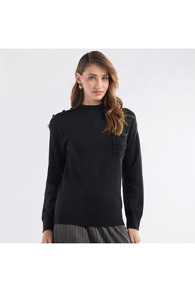 FAV Textured Crew Neck Sweater with Front Pocket