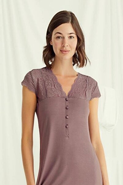 MONAMİSE Дамска нощница с V-образно деколте и дантела с къс ръкав и копчета Monamise 18510 - цвят кафе
