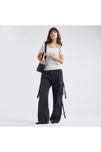 FAV Textured Square Neck T-shirt with Short Sleeves