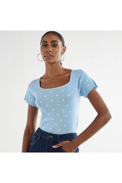 FAV Textured Square Neck T-shirt with Short Sleeves