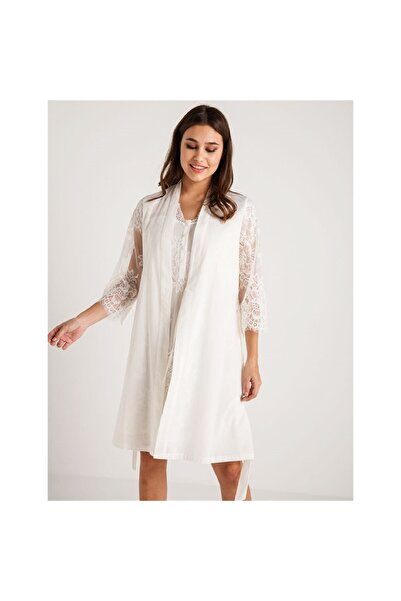 Magic Form 26414 Koton Dantelli Sabahlık Gecelik Takım - Ekru
