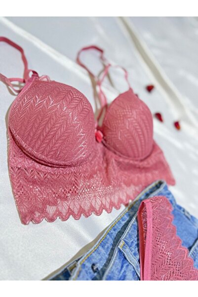 By Kuzey Aras Gül Kurusu Dantelli Dolgulu Büstiyer Takı