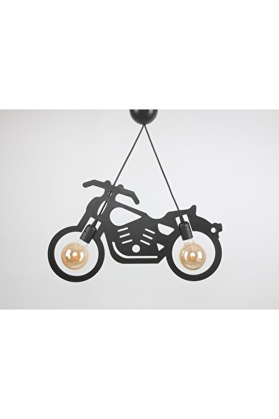 ABAJOUR Doğal Ahşap Büyük Boy 50 Cm Motosiklet Tasarım Rustik Avize Siyah