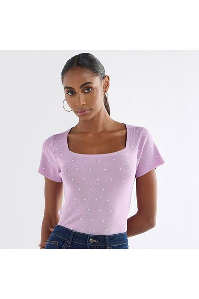 FAV Textured Square Neck T-shirt with Short Sleeves