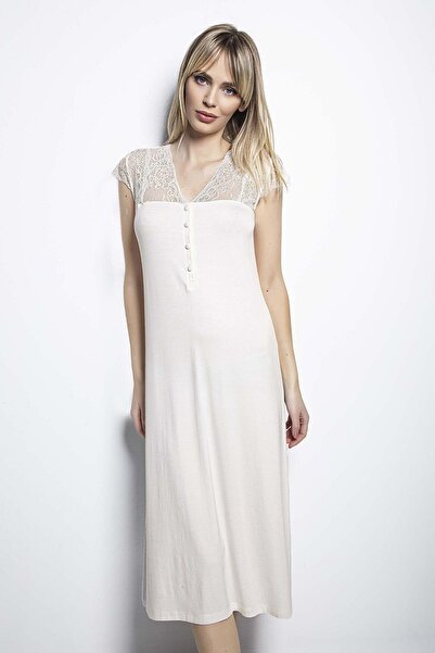 MONAMİSE 18455 Γυναικείο νυχτικό μεγάλου μεγέθους-Εκρού