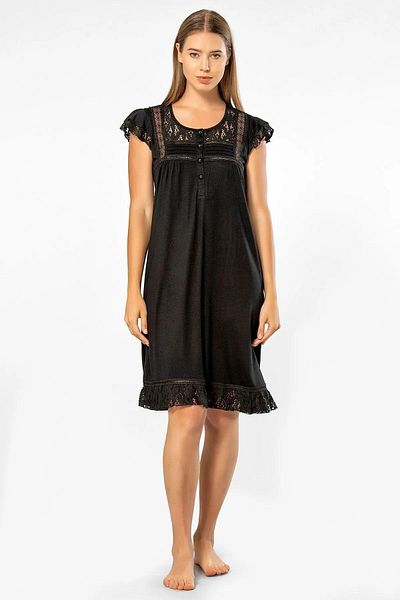 TÜREN 3284 Women's Short Sleeve Lace Nightgown-Black