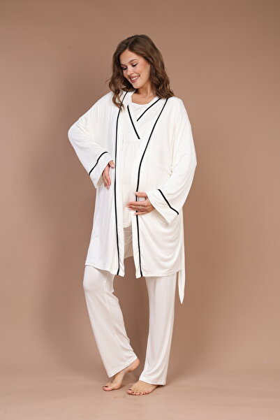 Rimel Homewear Women's Piping Special Design Long Sleeve Maternity-Pregnant Pajamas Set with Dressing Gown