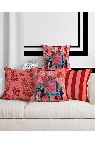 Royalte Red Pink African Ethnic Elephant Patterned Decorative Velvet 4-Piece Throw Pillow Pillowcase Set