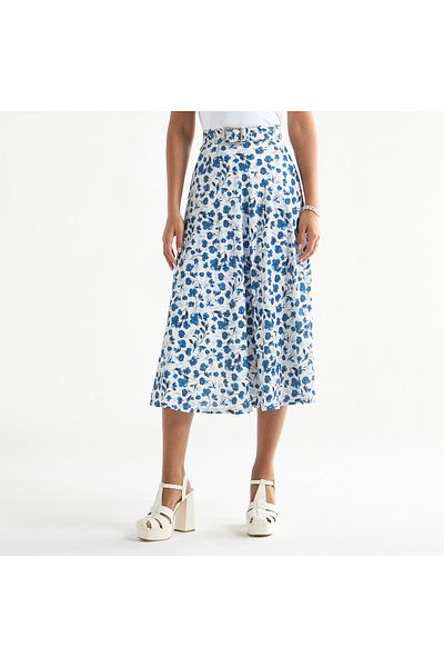 FAV All-Over Print Belted Midi Skirt with Embellished Accent