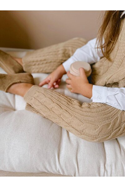 Magu Coffee Colored Spiral Striped Knitwear Shirt and Leggings Set for Girls - 3 Thread Cotton