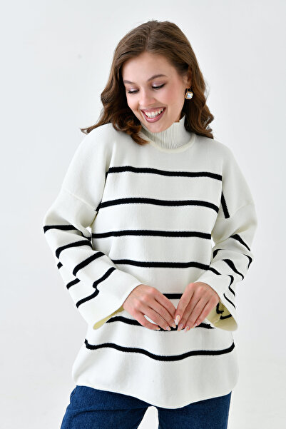 bayansepeti Women's Low Long Sleeve Stripe Patterned Stand Collar Oversize Fit Striped Ecru Knitwear Sweater 6100