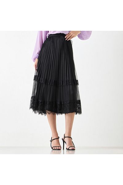 2Xtremz Pleated Midi Skirt with Elasticated Waistband and Lace Detail
