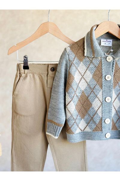 Magu Boy's Knitwear Cardigan Patterned Canvas Trousers Top and Bottom Set