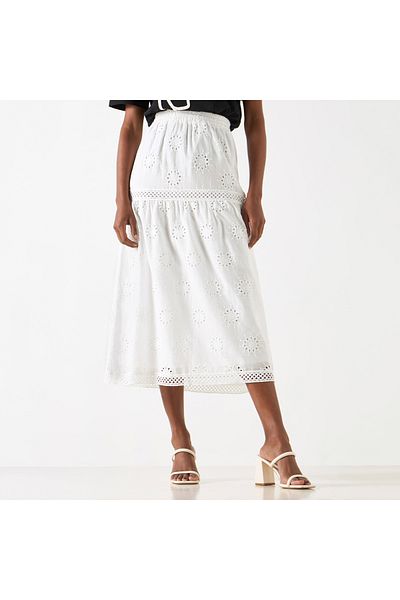 2Xtremz Schiffli Textured A-line Midi Skirt with Elasticated Waistband