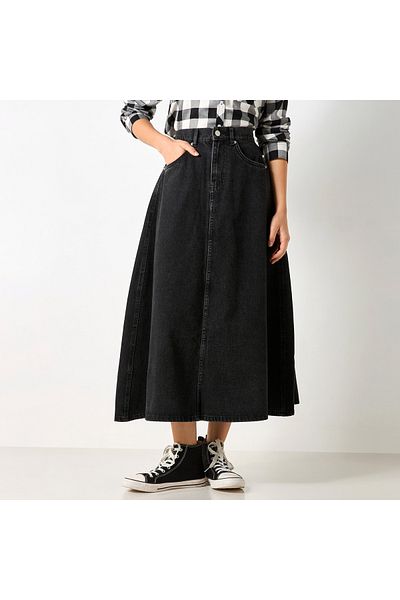 Lee Cooper Solid A-line Denim Midi Skirt with Pockets