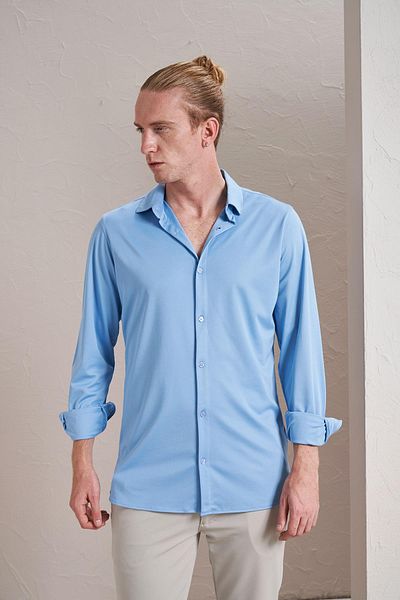 TENA Ανδρικό μπλε μακρυμάνικο πουκάμισο Mercerized Kagi Slim Fit