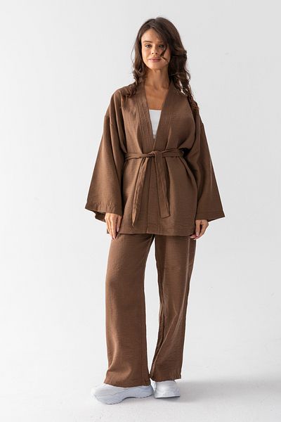 TUBA SÖZEN BUTİK Wide Leg Linen Textured Bottom Top Kimono Set