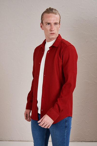 TENA Cămașă roșie cu mânecă lungă, otomană, fără buzunar, slim fit