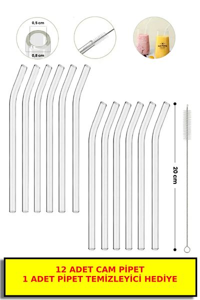 Open Home Concept 12-Piece Glass Straw and Straw Cleaning Brush, Thick Glass Straw