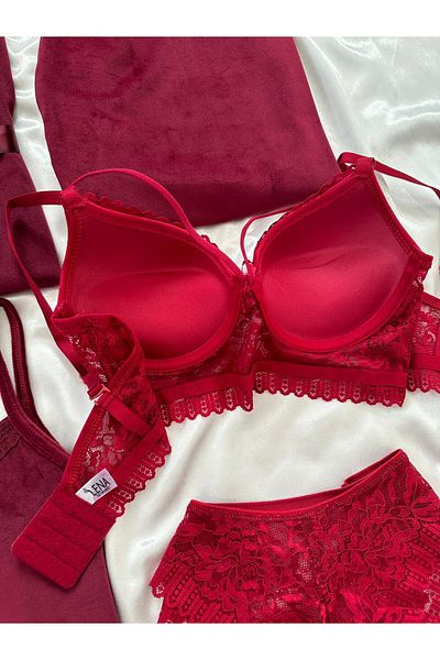 Lena Homewears Set pijamale de damă cu lenjerie de corp burgundy și halat de catifea