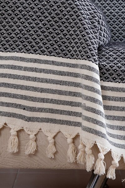 LADYNİL Yıldız Bordürlü Siyah Koltuk Örtüsü | Koltuk Şalı 180x210 Pamuk