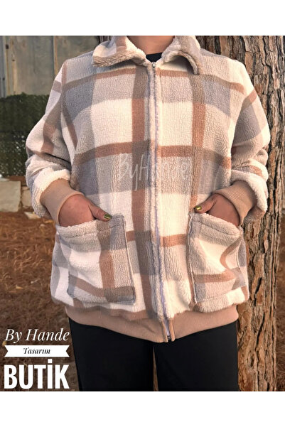 BY HANDE TASARIM Γυναικείο καρό βελούδινο μπουφάν από βελούδινο αρνί