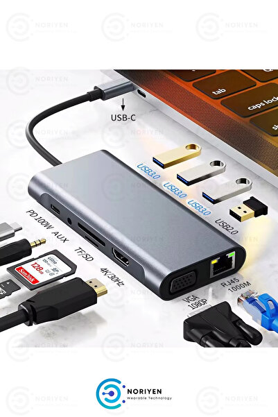 Noriyen 11in1 Type-c To Usb Hub Port Adaptör Hdmi 4x Usb Lan Vga Sd Card Çoklayıcı Çevirici Dönüştürücü