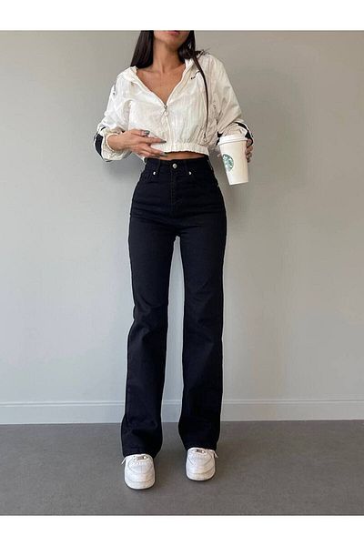 LAMİRA Black Super High Waist Wide Leg Denim Jeans - Loose Lycra, Non-Fading, 90's Style (Buy 1 Size Larger)