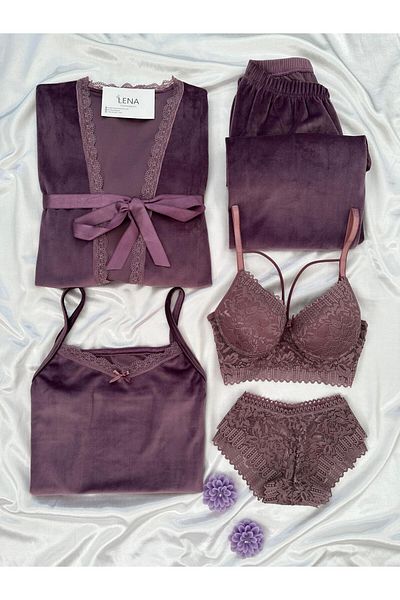 Lena Homewears Set pijamale de damă cu lenjerie de corp liliac și halat de catifea