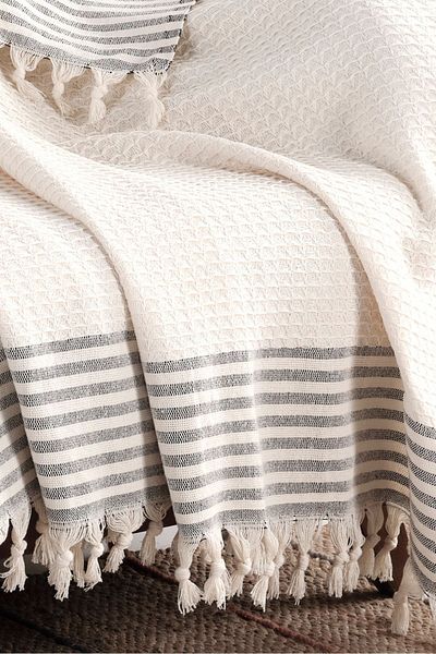 LADYNİL Pyramid Cream Sofa Cover| Sofa Shawl 180x210 Cotton